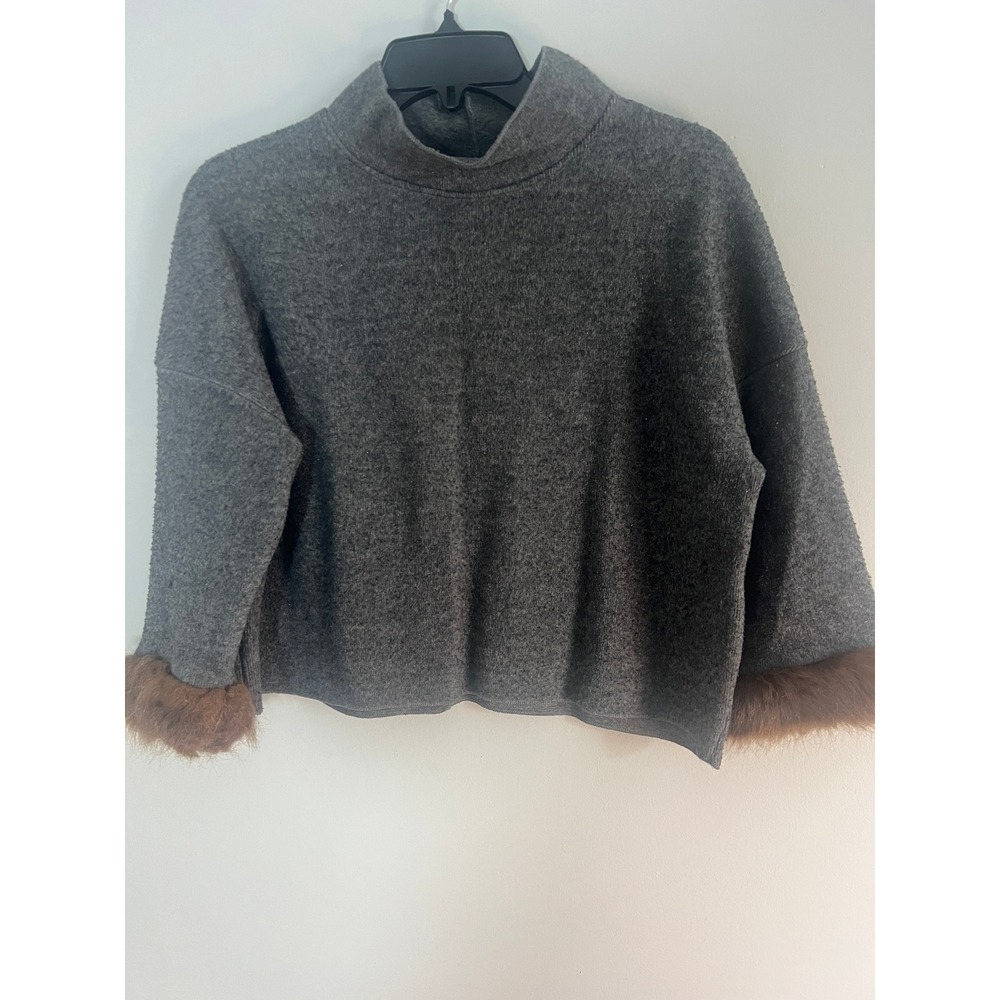 Zara W/B Collection Grey Mock Neck Sweater Faux Fur Cuffs Grey Small